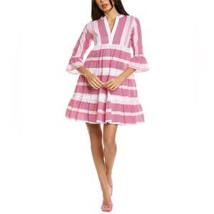 Bindu Glenda Dress Womens XS Pink White Breezy Cotton Tiered Mini